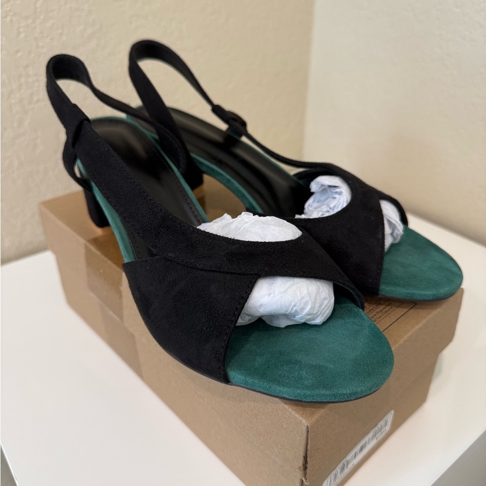 SHEIN Black Slingback Peep-Toe Heels with Teal Footbed